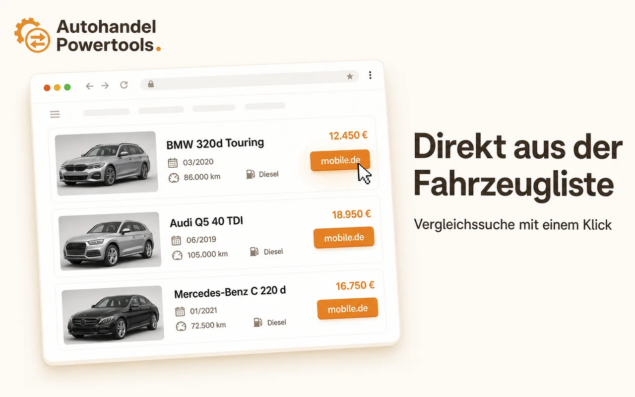 mobile.de-Schaltflächen direkt in einer Fahrzeugliste für den schnellen Marktvergleich