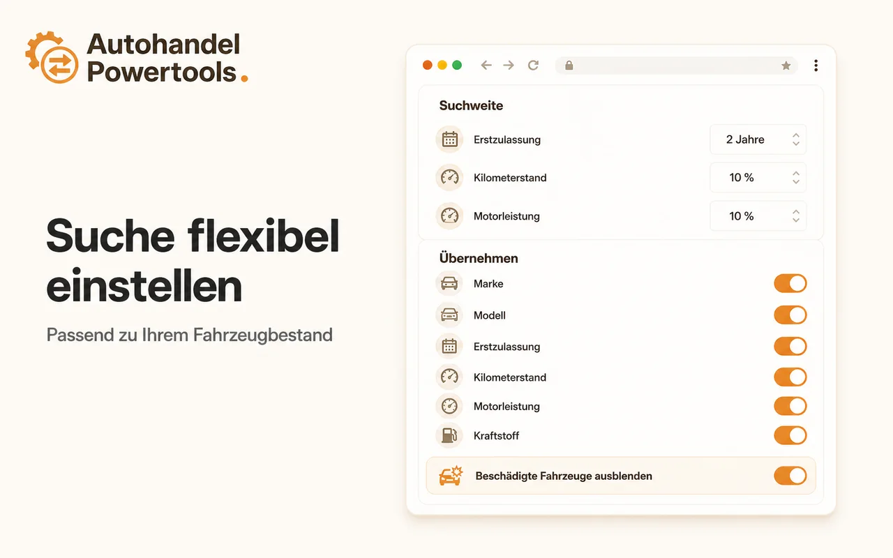 Einstellungen für Erstzulassung, Kilometerstand, Motorleistung und Fahrzeugfilter
